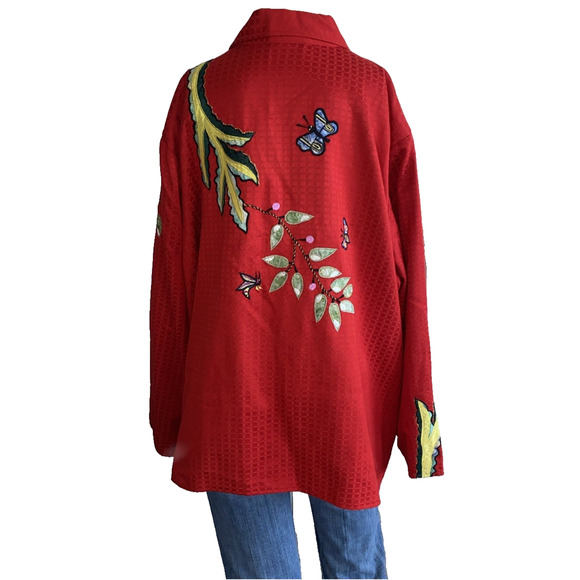 Vtg Maggie Barnes Jacket Red Floral Butterfly Wearable Art Plus Size 4X (J43) - Picture 7 of 12